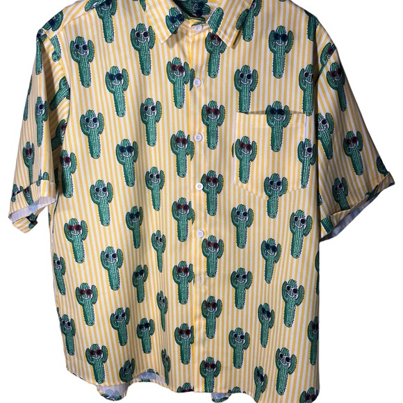 Misslook Yellow and White Stripes Shirt  with Green Cactuses With Shades On! - Picture 6 of 8